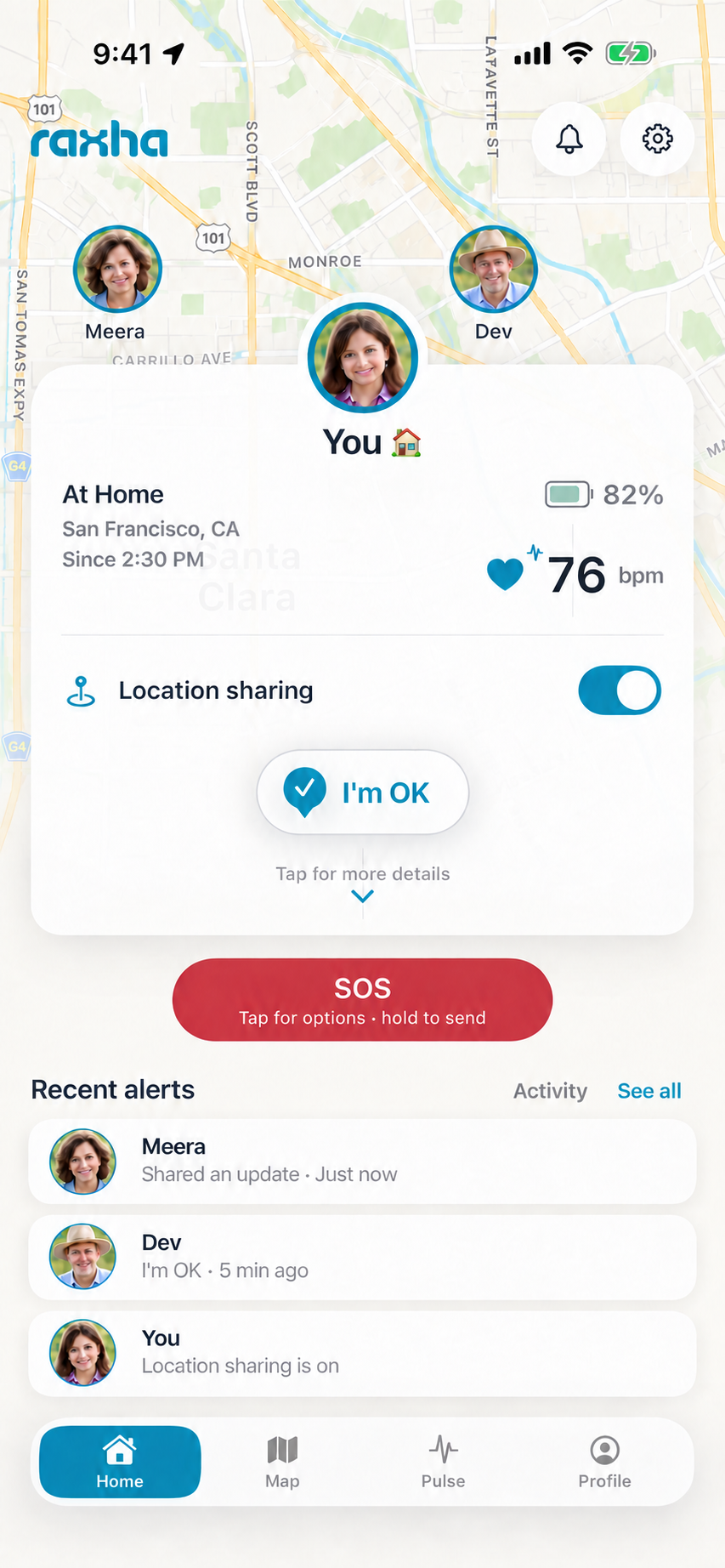 Illustrative Raxha Home screen showing the same family, location sharing, an I'm OK check-in and recent updates.