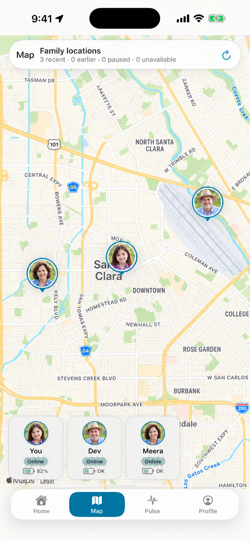 Illustrative Raxha family map with three family members and their locations.