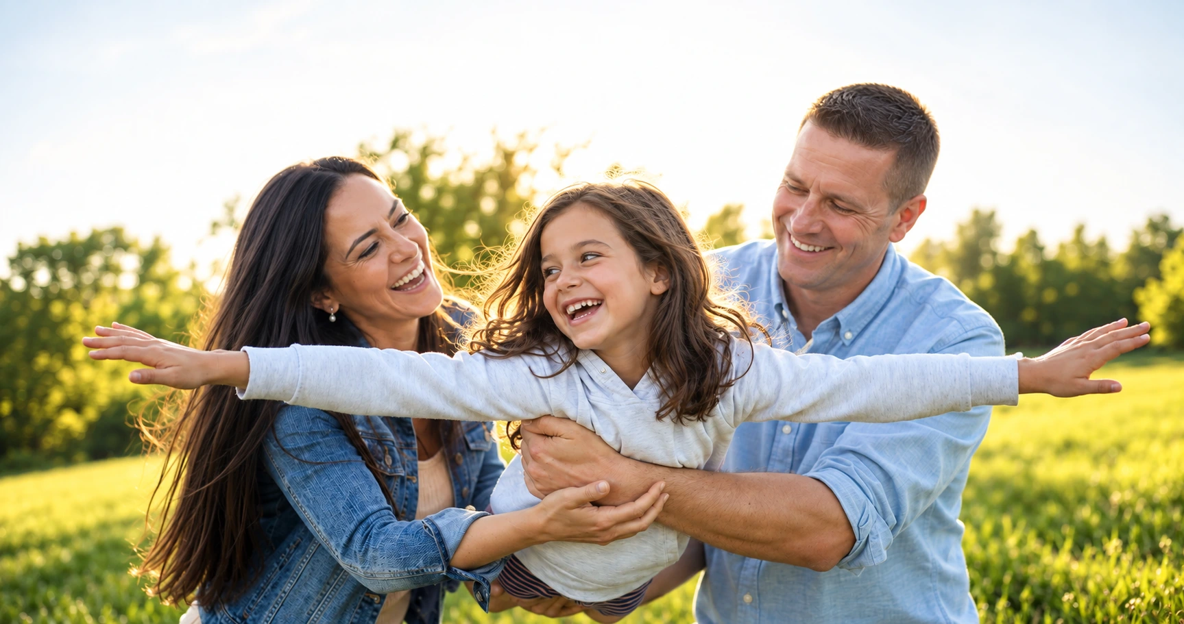 A child stretching her arms out joyfully while her parents hold her in a sunny field.
